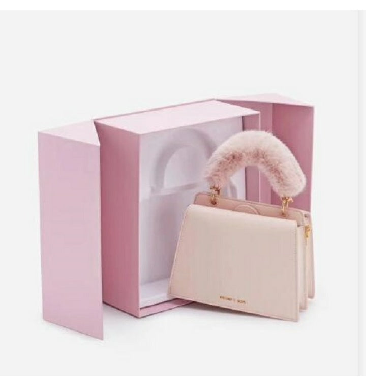 Charles & Keith-CK2-50270223 Women's Plush Small Handbag Sling -Pink/Black