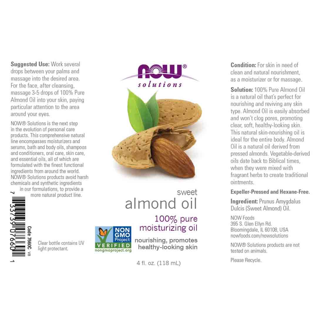 NOW Solutions - Sweet Almond Oil, 100% Pure Moisturizing Oil 4-Ounce