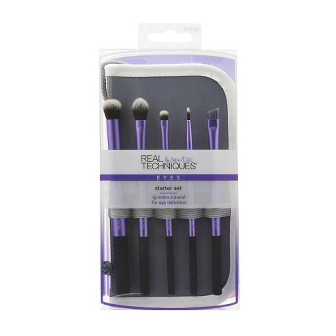 Real Techniques Starter Set Hand Cut Hair Design Makeup Brush Set, Includes: Deluxe Crease, Base Shadow, Accent, Fine Liner, and Accent Brushes and Brush Case/Stand